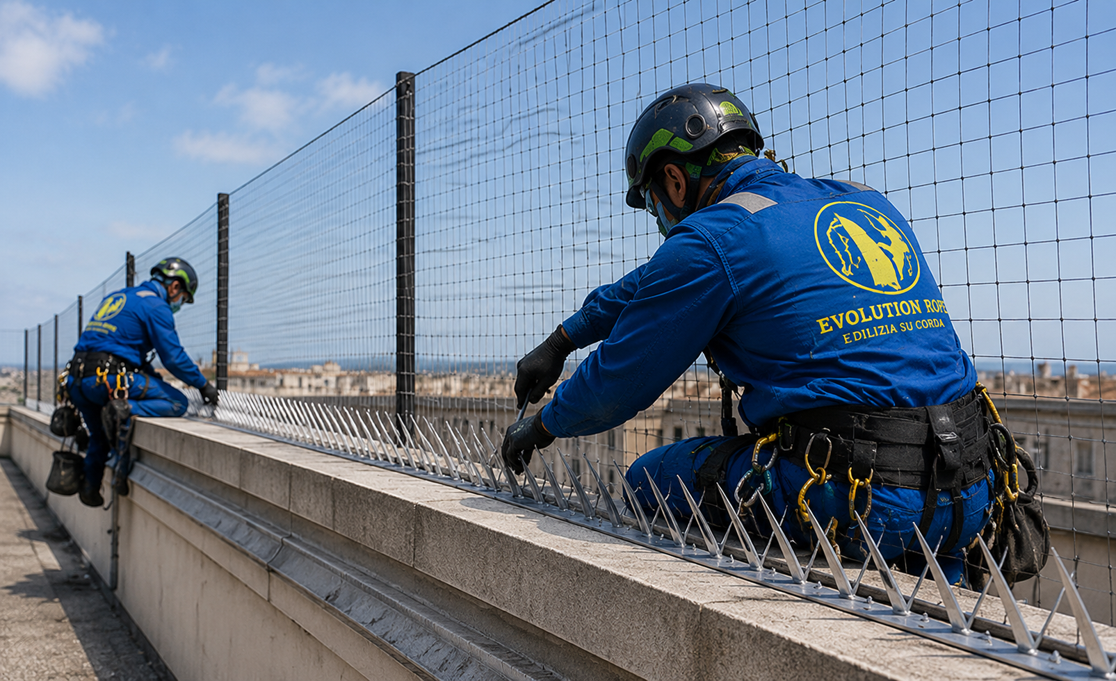 Operai specializzati durante l’installazione di dissuasori anti-volatili